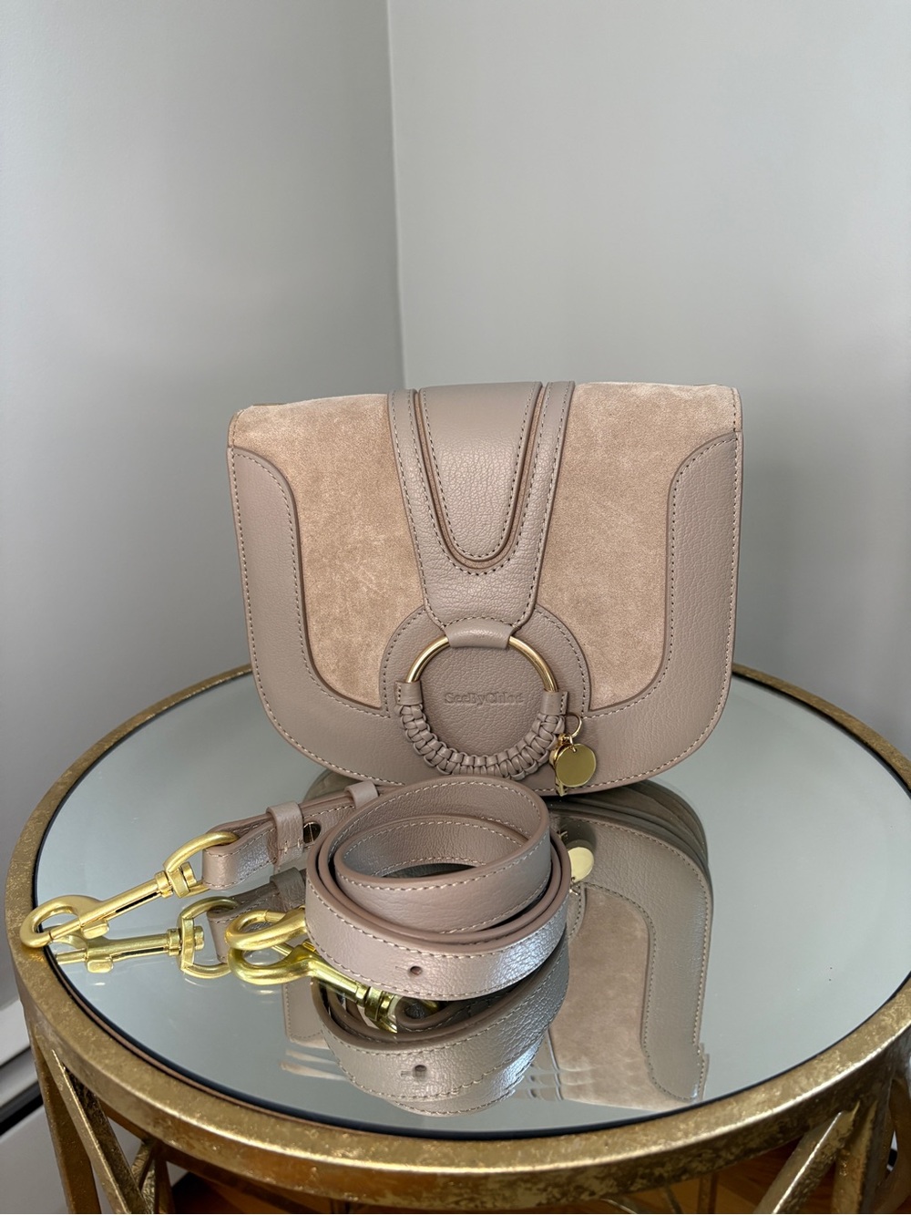 See By Chloe Small Hana Crossbody Bag in Taupe Suede & Leather
